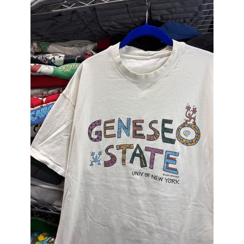 Vintage 1995 Geneseo State SUNY T-Shirt White Keith Haring Style 90s XL 22x31